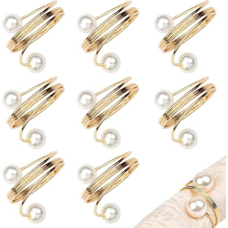 Lot de 8 ronds de serviette en or pour décoration de table avec boutons de serviette en perles pour Noël, mariages, dîners