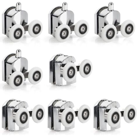 Lot de 8 roulettes de porte de douche coulissante en alliage de zinc de 23 mm de diamètre, roulettes doubles de rechange pour salle de bain avec vis et système anti-choc (4 en haut et 4 en bas)