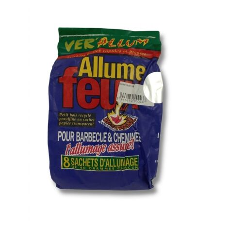 Lot de 8 sachets - VER'ALLUM - Allume-feu - 8 x 40g - Bois recyclé et paraffine alimentaire - EAN 3446250000037 - Combustion 10 à 12 min - Usage barbecue et cheminée - Fabriqué en France - Voir photos