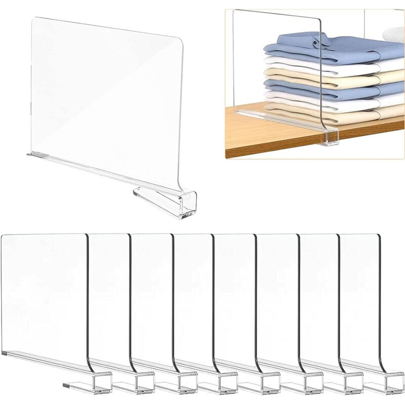 Lot de 8 Séparateurs d'étagère en Acrylique Transparent, Organisateur Armoire Vetement, organiseurs de vêtements réglables, Separateur Etagere