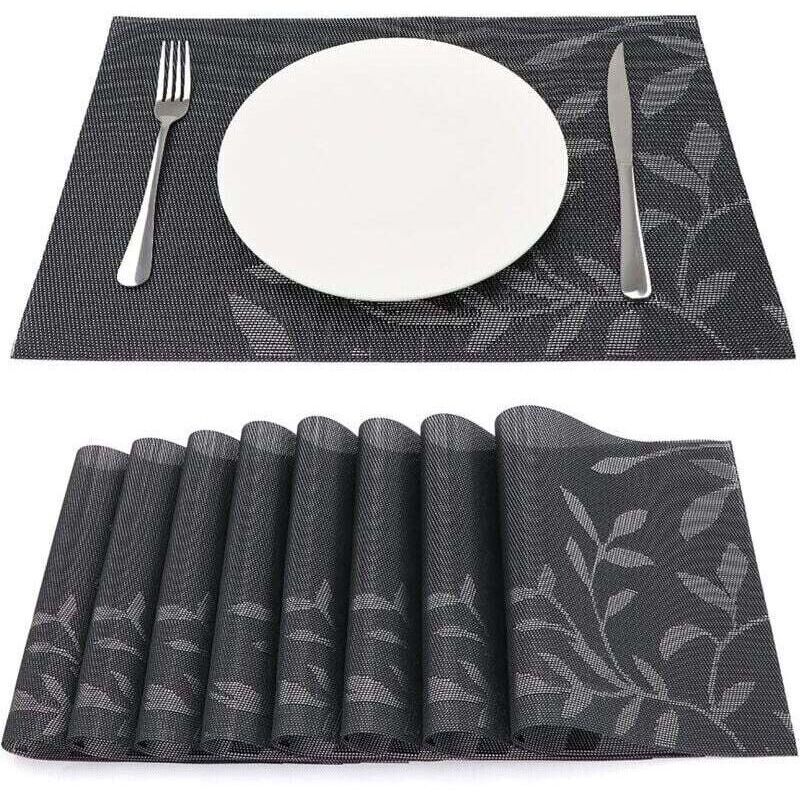 Lot de 8 Sets de Table Vinyle Résistant à l'usure à la Chaleur, Tissées pour Napperons de Cuisine 45 cm 30 cm, Feuilles Foncées