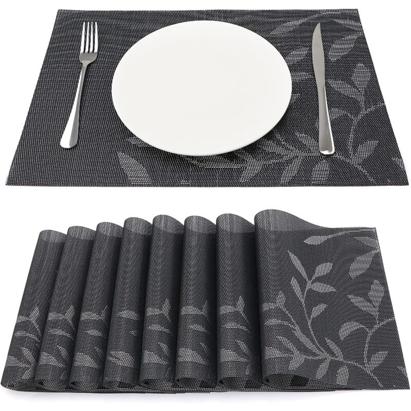 Sunxury - Lot de 8 Sets de Table Vinyle Résistant à l'usure à la Chaleur, Tissées pour Napperons de Cuisine 45 cm 30 cm, Feuilles Foncées