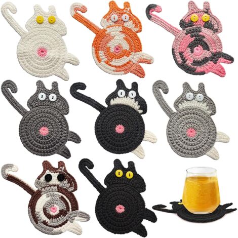 Lot de 8 sous-verres/porte-gobelets, chats, tricotés, couleurs assorties