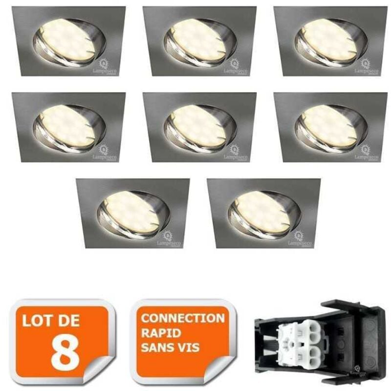 Lot de 8 spot encastrable orientable led carré alu brossé GU10 230V eq. 50W blanc chaud