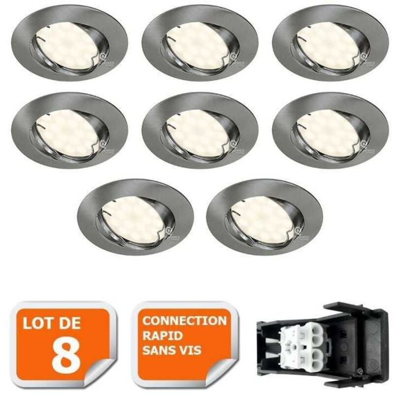 Lot de 8 spot led encastrable complet orientable alu brossé avec ampoule gu10 230v 5w, blanc neutre