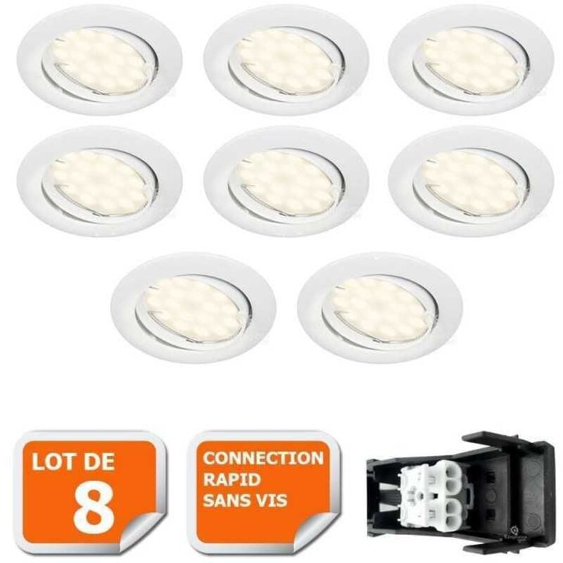 Lot de 8 Spot led encastrable complete orientable blanc avec ampoule gu10 230v eq. 50w, lumiere blanc neutre