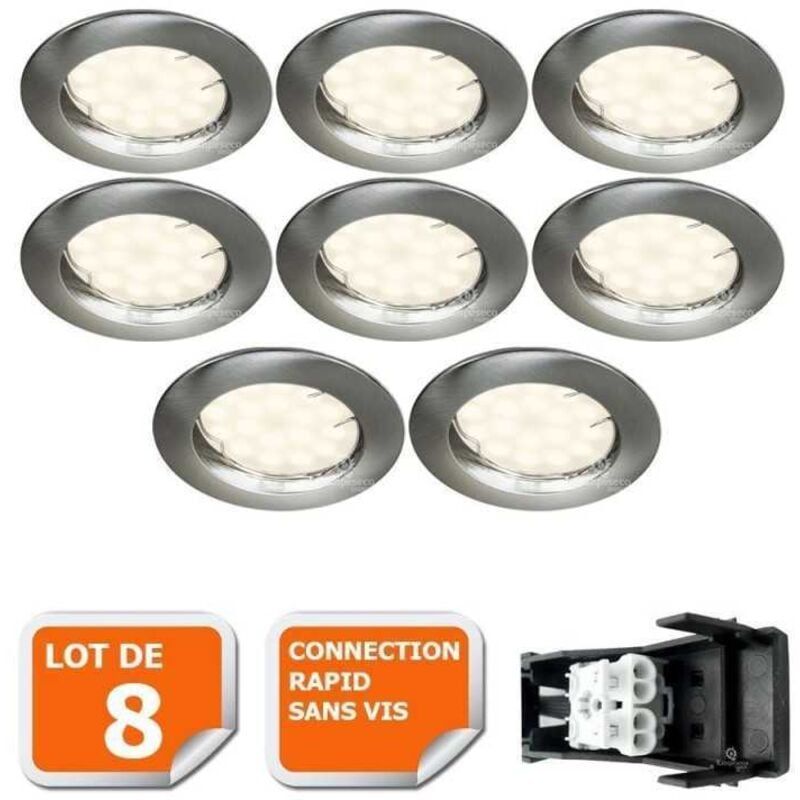 Lot de 8 spot led encastrable complète ronde fixe alu brossé blanc neutre eq. 50w