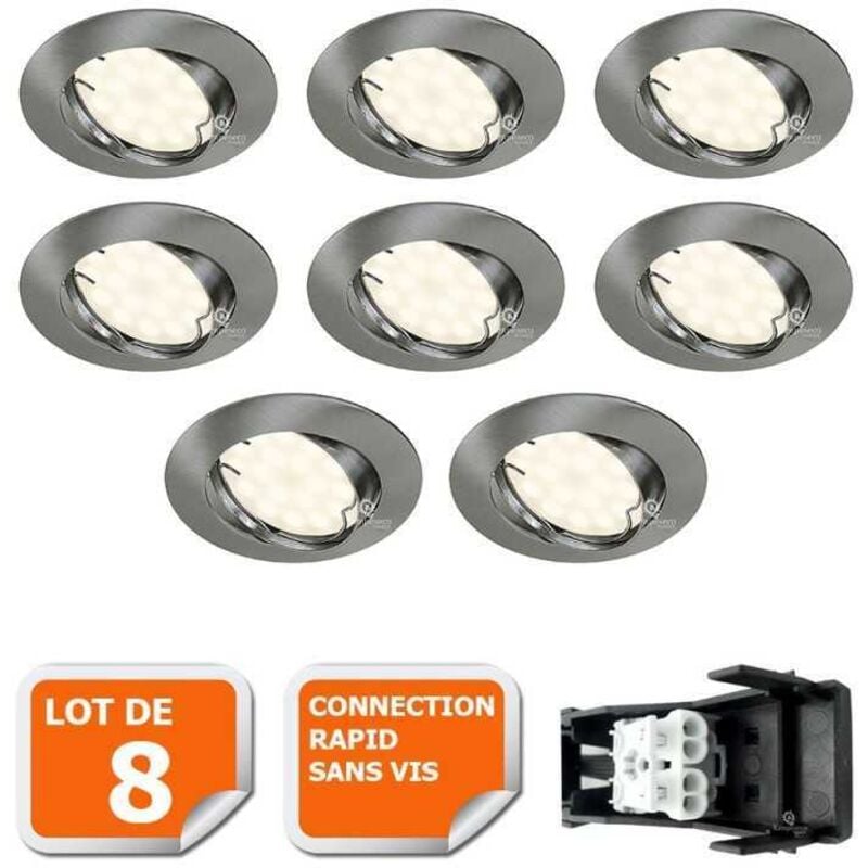 Lampesecoenergie - Lot de 8 spot led encastrable orientable alu brossé avec ampoule gu10 230v eq. 50w, blanc chaud