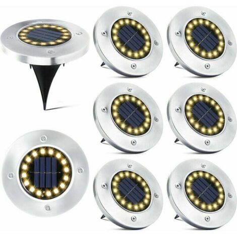 Lot de 8 spots solaires d'extérieur encastrables, 16 LED blanc chaud, étanches IP65, pour jardin, allée, pelouse, terrasse, cour, sous terre.