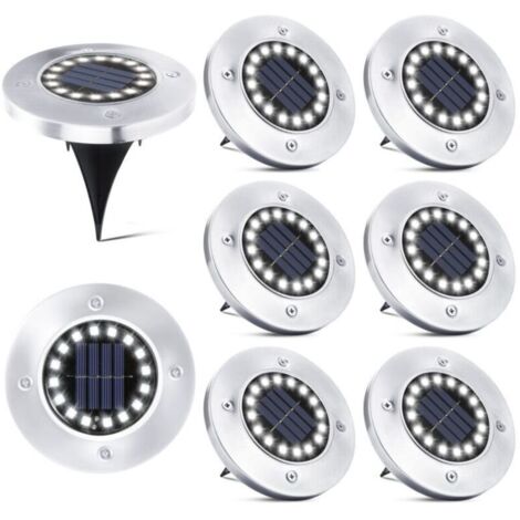 Lot de 8 spots solaires encastrables avec 16 LED, étanches IP65 et autonomie jusqu'à 10 heures.