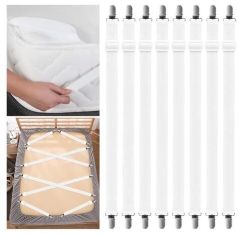 Lot de 8 tendeurs de drap housse élastiques, attaches ajustables (35-130 cm) avec clips métalliques pour lit.