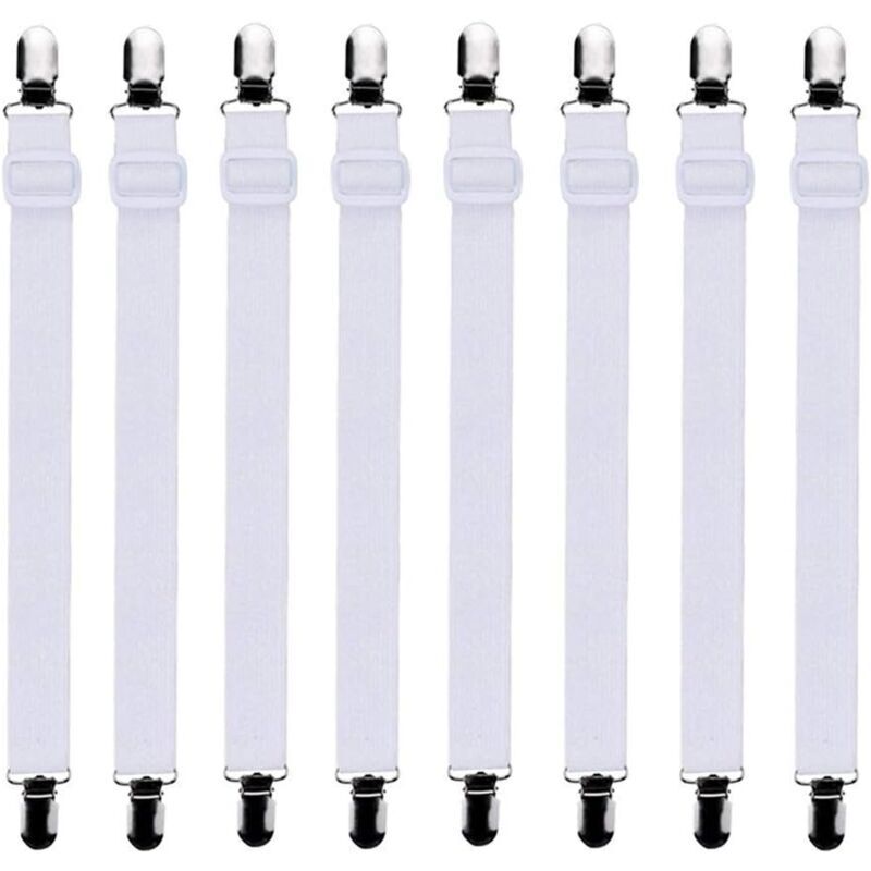 Lot de 8 tendeurs réglables pour draps de lit 60cm à 200cm – Clips métalliques robustes – Pour tous types de lits et matelas – Blanc