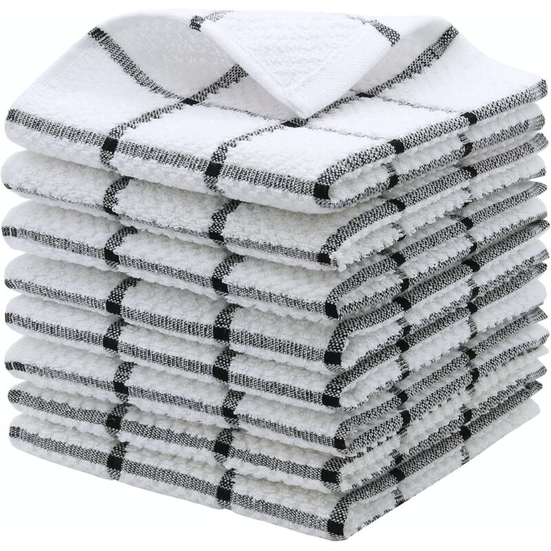 Lot de 8 torchons vaisselle 100% coton 30,5x30,5 cm, légers doux séchage rapide, coloris noir, usage nettoyage