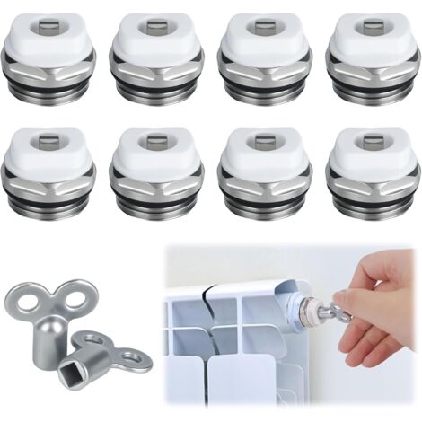 Lot de 8 valves de purge de radiateur avec 2 clés de purge 1/2" en laiton nickelé pour chauffage, vanne de purge manuelle