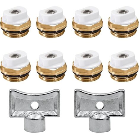 Lot de 8 valves de purge de radiateur en laiton 1/2" avec 2 clés de purge - Valve de chauffage manuelle - Buse d'échappement