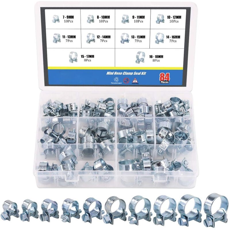 Lot de 84 mini colliers de serrage pour tuyau de carburant, diesel et essence, assortiment de 10 tailles