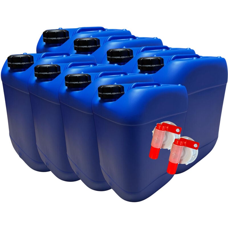 Negomix - Lot de 8x Bidon Jerrican Plastique 20 Litres Bleu + 2 Robinets Verseurs