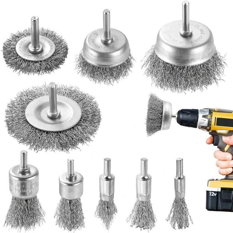Csparkv - Lot de 9 Brosse Métallique pour Perceuse, Brosse Visseuse Meuleuse Circulaire avec Kit de Brosse pour Perceuse 0.5cm pour l'élimination de