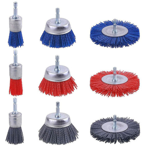 Lot de 9 Brosses Abrasives en Fil de Nylon, Brosse Nylon Perceuse avec Tige Hexagonale 1/4 Pouce, Outils Abrasifs Poncage Bois, Brosse Perceuse
