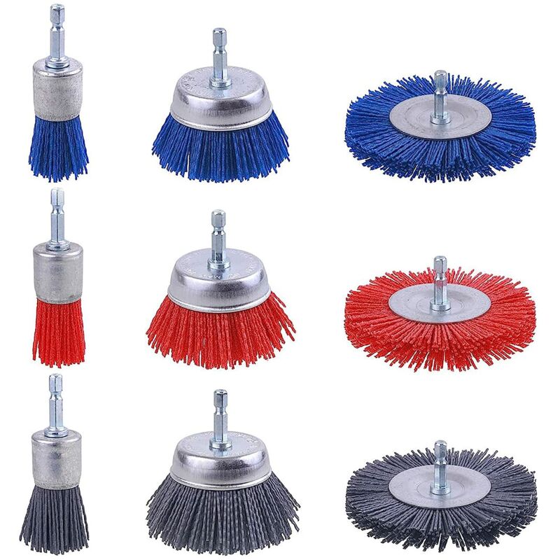Lot de 9 Brosses Abrasives en Fil de Nylon, Brosse Nylon Perceuse avec Tige Hexagonale 1/4 Pouce, Outils Abrasifs Poncage Bois, Brosse Perceuse pour