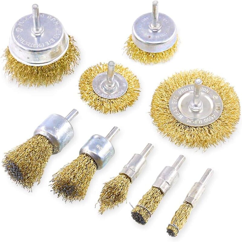 Lot de 9 brosses métalliques avec revêtement en laiton avec tige de 6,35 cm, 9 tailles de brosses à fil revêtues Idéal pour enlever la rouille, la