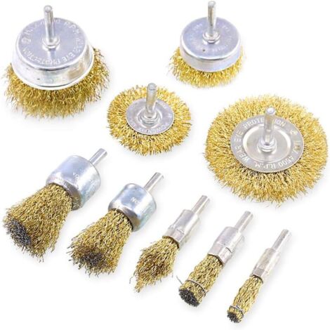 Lot de 9 brosses métalliques avec revêtement en laiton avec tige de 6,35 cm, 9 tailles de brosses à fil revêtues Idéal pour enlever la rouille, la corrosion, la peinture