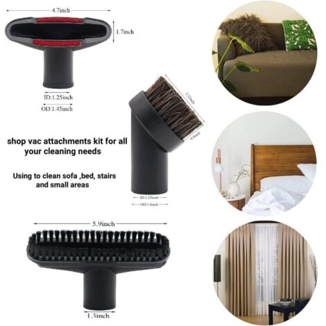 Lot de 9 brosses pour aspirateur d'atelier avec adaptateur de tuyau d'aspirateur de 1 1/4'' à 1 3/8'' et adaptateur pour Dyson V6, kit de brosses pour accessoires de nettoyage ménager