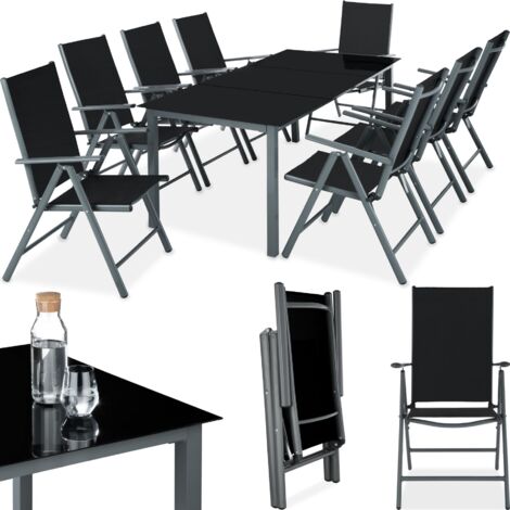 Tectake – Ensemble table et chaises de jardin 8 personnes – Aluminium gris anthracite – Table en verre trempé – Chaises pliantes confortables