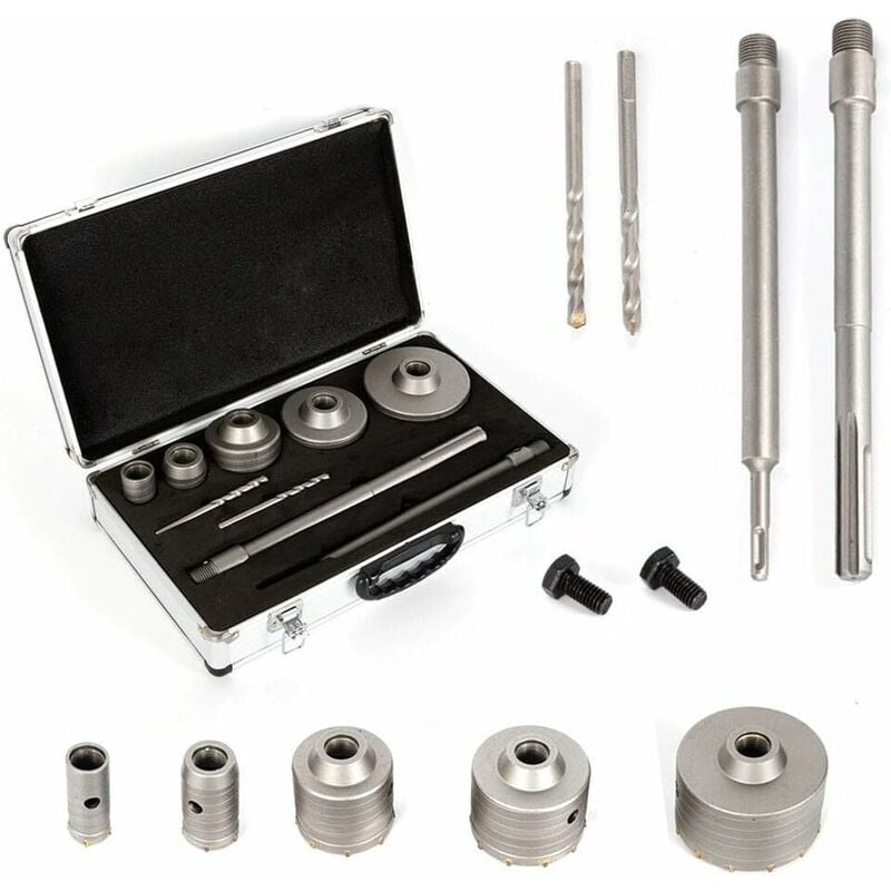 Lot de 9 couronnes de forage pour béton 30/40/68/80/100 mm avec coffret en aluminium SDS-Plus