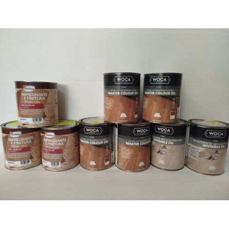 Lot de 9 - COVEMA et WOCA DENMARK - Huiles pour parquets et imprégant bois extérieur - 3 x 750 ml Imprégant et Finition Effet Cire Argent - 4 x 1 L Master Colour Oil Noyer - 2 x 1 L Invisible Oil - Pr