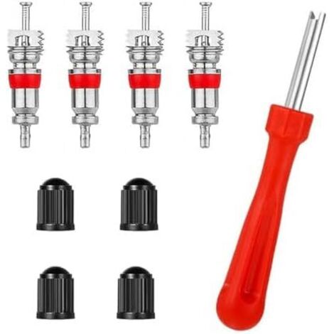 Lot de 9 Démonte-obus Valve, Outil Valve Pneu à Tête Unique avec 4 Obus et Bouchons, pour Vélo, Voiture, Moto, Camion -