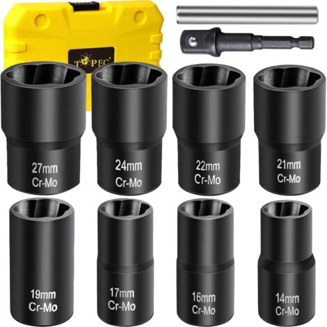 Lot de 9 extracteurs d'écrous boulons, outil retrait roue, douille, impact 1.27 cm, arrondis, écrous et vis -