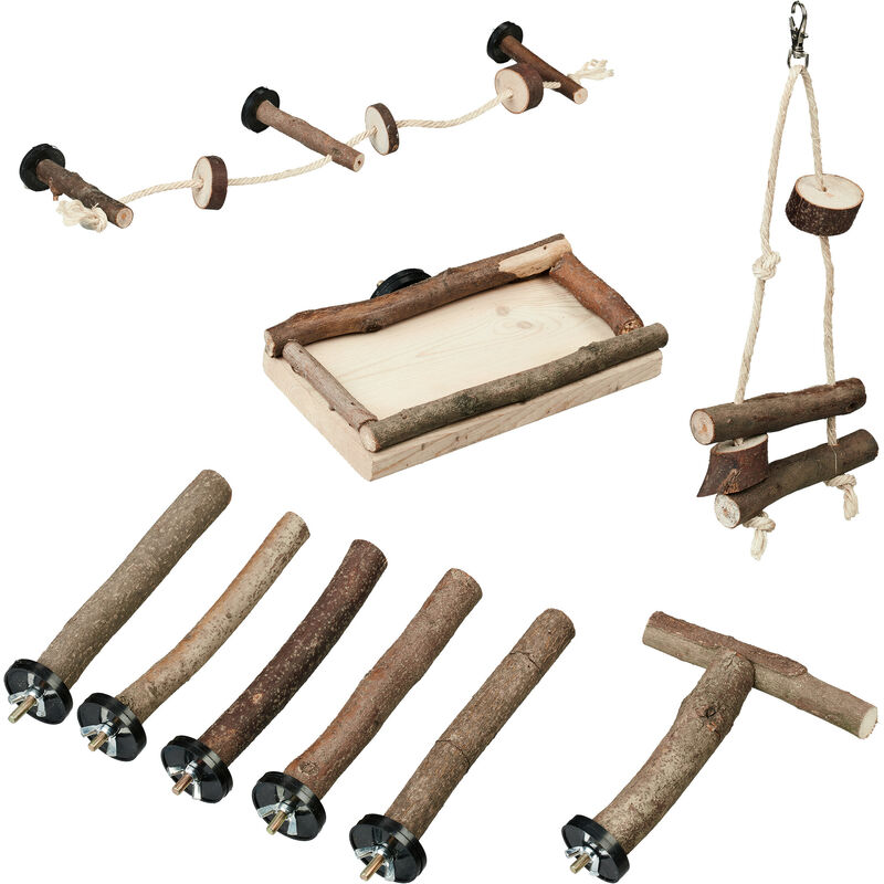 Lot de 9 jouets pour oiseaux, accessoires de cage, perruches, canaris, perchoirs, balançoire, bois, nature - Relaxdays