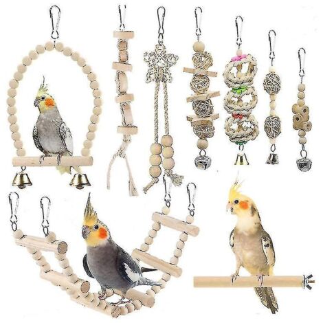 Lot de 9 jouets pour oiseaux : clochette suspendue, jouets pour cage à oiseaux, balançoire pour perroquet, jouets à mâcher.