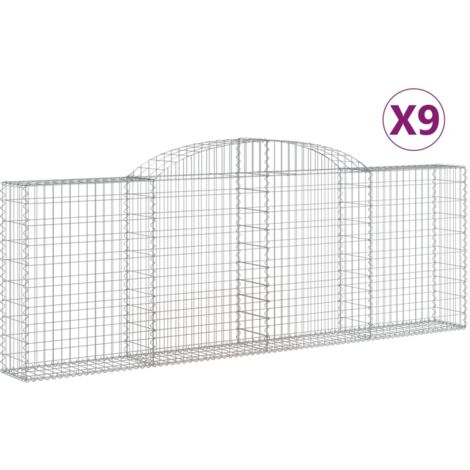 Lot de 9 paniers à gabions clôture cage mur de soutènement arqués 300 x 30 x 100/120 cm fer galvanisé Argent