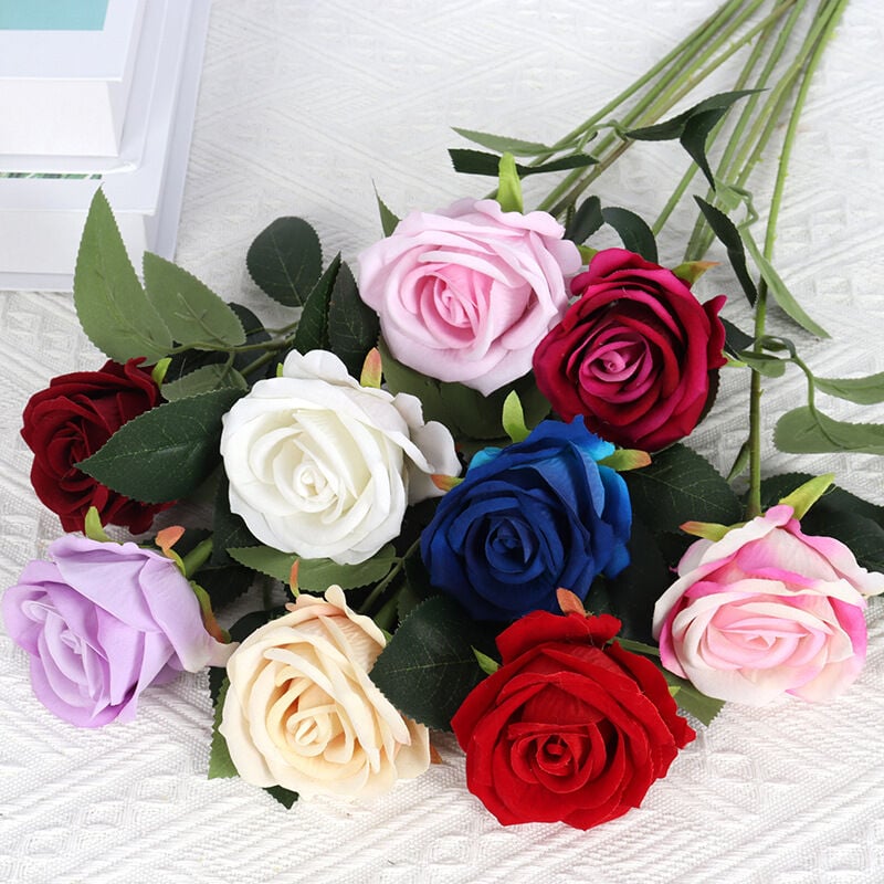 Ahlsen - Lot de 9 Pcs Fleurs Artificielles Roses Fausses de couleurs differentes Longue Tige Roses Artificielles pour Décoration(52cm,9 couleurs