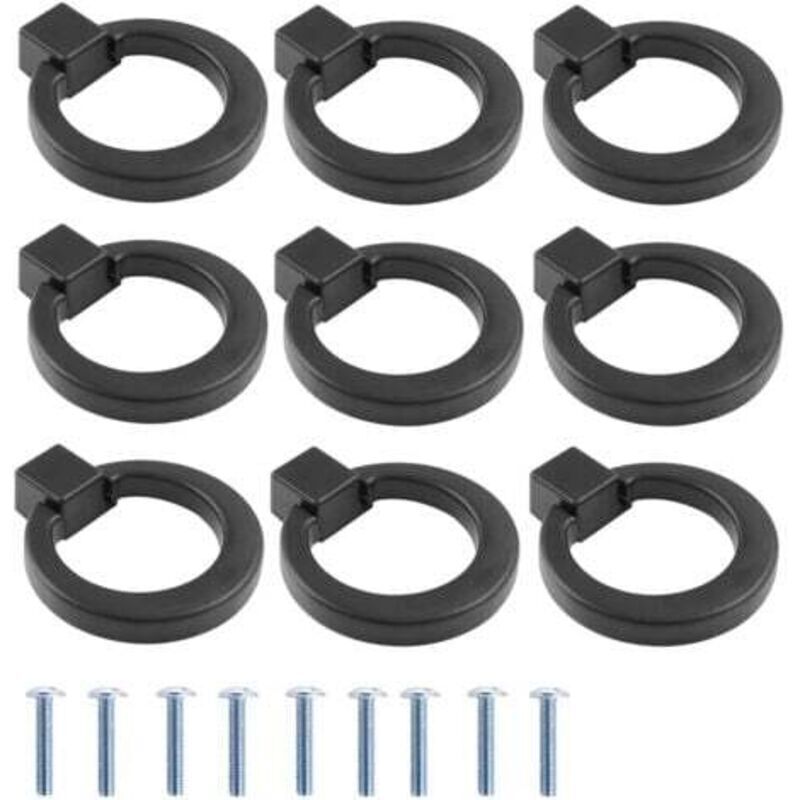 Lot de 9 Poignées de Meubles Vintage, Boutons de Meubles noirs, Poignées d'anneau de Tiroir 4 cm, Poignées de Meubles en Alliage de Zinc avec Vis