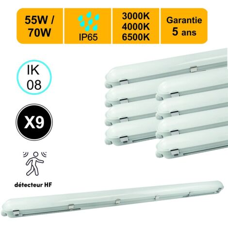 Lot de 9 réglettes LED IP65 150cm 55/70W - 3CCT - détecteur mouvement - traversant - garantie 5 ans