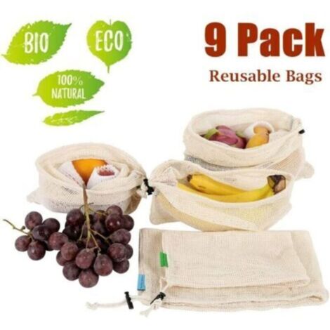 Lot de 9 Sac Coton - Sac en Cotton pour Legumes - Sacs Réutilisables à Fruits et Légumes - Sac Vrac Coton Bio - Sac Legumes Reutilisable - Sac en Tissu - Sacs de Coton - Sac Legumes -(3 L, 3 M,