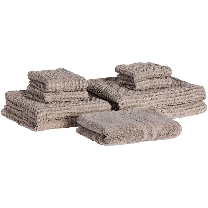 Beliani - Lot de 9 Serviettes avec Tapis de Bain Sans Torsion en Coton Doux Taupe Areora