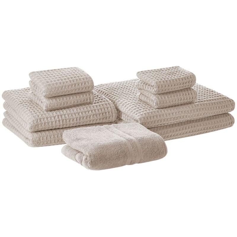 Ensemble 9 Serviettes de Bain en Coton Beige à Séchage Rapide Ultra Moelleux Absobant et Doux au Toucher Beliani
