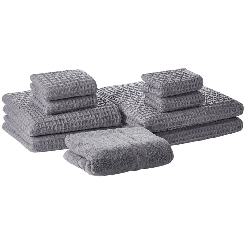 Ensemble 9 Serviettes de Bain en Coton Gris à Séchage Rapide Ultra Moelleux Absobant et Doux au Toucher Beliani
