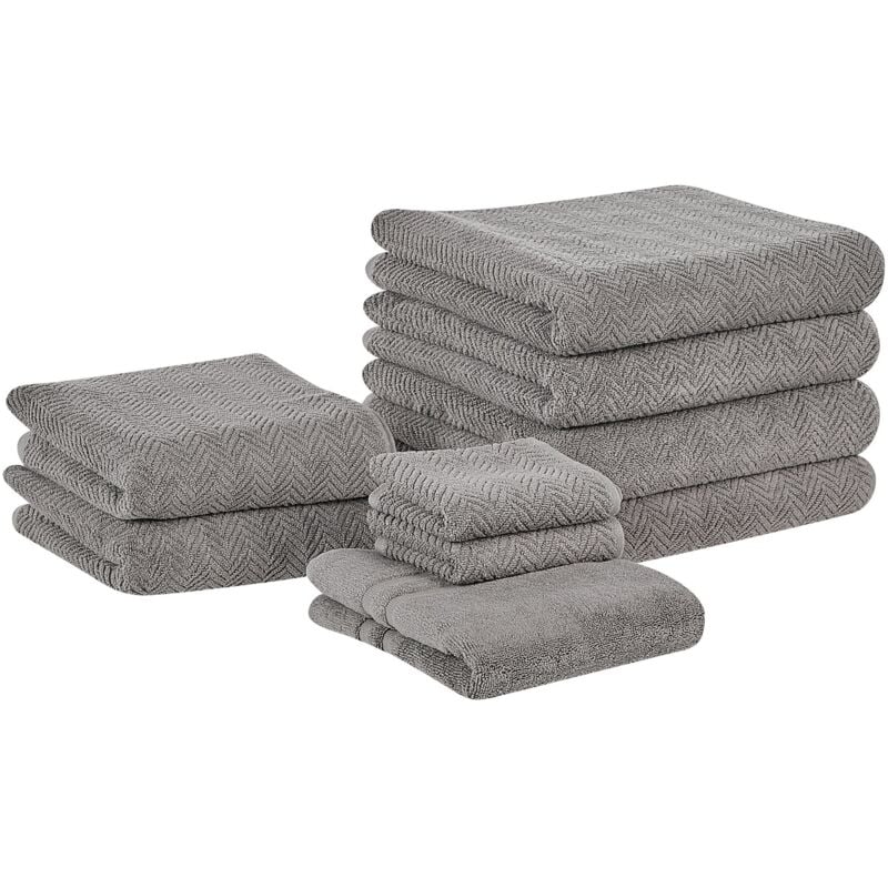 Beliani - Lot de 9 Serviettes de Bain Luxe en Coton Doux Motif Chevron Gris Mitiaro