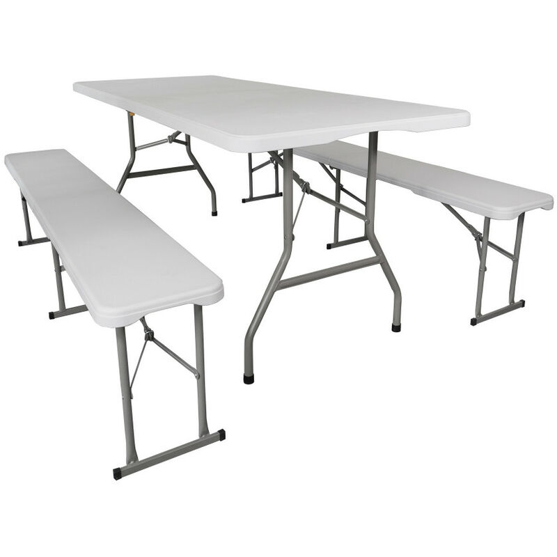 Ensemble table et bancs de jardin - Lot 1 Table pliante jardin - Table pique nique + 2 bancs pliants camping - Blanc
