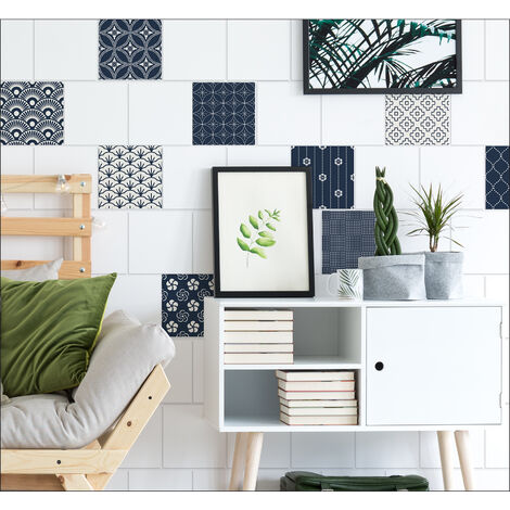 Lot de 9 Stickers Carrelage Adhésifs Autocollants OSCATA 10x10cm, Forme Géométrique, Éventails Bleus et Blancs, Décoratifs pour Murs et Sols.