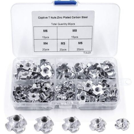Lot de 90 écrous en T 4 griffes – Acier au carbone M3/M4/M5/M6/M8 – Fixation sécurisée pour bois dur – Boîte de rangement incluse - 90pcs