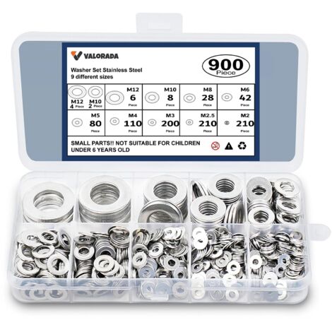 Lot de 900 rondelles plates en acier inoxydable pour vis et boulons, 9 tailles M2, M2,5, M3, M4, M5, M6, M8, M10, M12