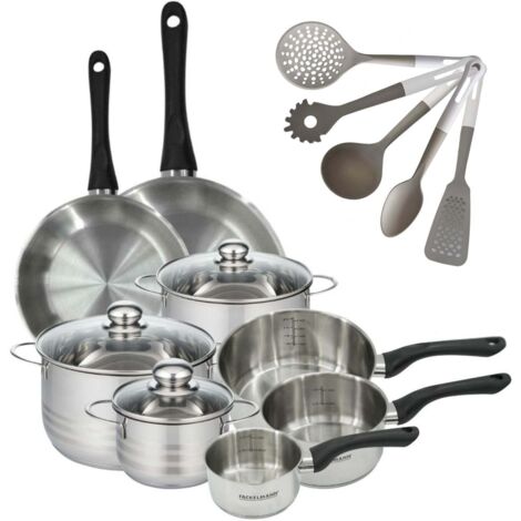 Lot de avec 2 Poêles 24/28cm, 3 Faitouts 16/20/24cm et 3 Casseroles 12/16/20cm en inox Fackelmann Geneva et 5 ustensiles