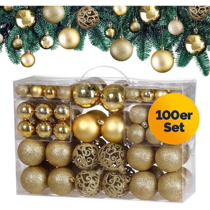 Deuba - Lot de 100 boules de Noël en plastique robuste Décoration de Noël intérieur extérieur Décoration pour sapin Doré