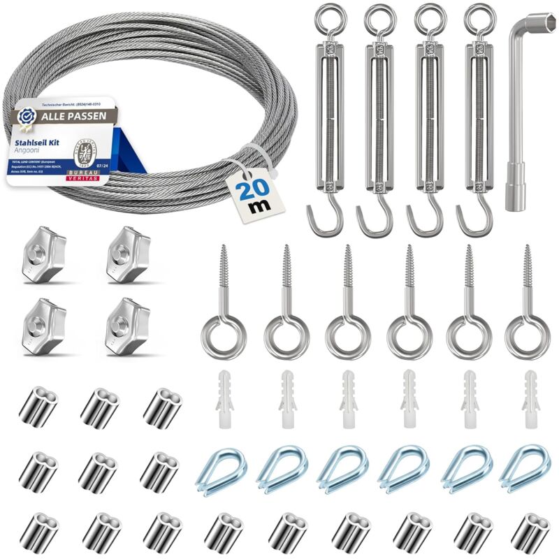 Lot de câbles en acier de 35 m, câble métallique épais de 3 mm, tendeur de câble M5, tendeur de câble en acier inoxydable, crochet mural M5, câble en